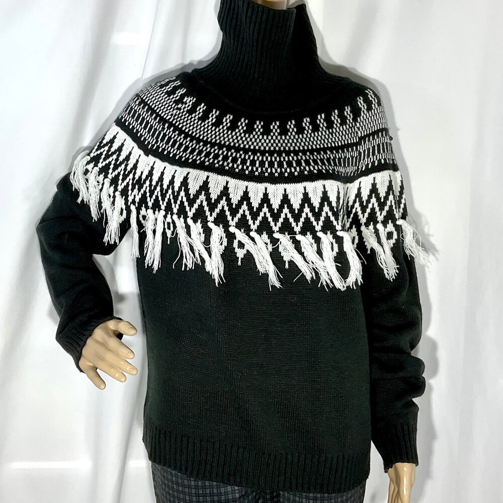 Cato Sz L Black & White Turtleneck Sweater with Fringe Tassels Womens